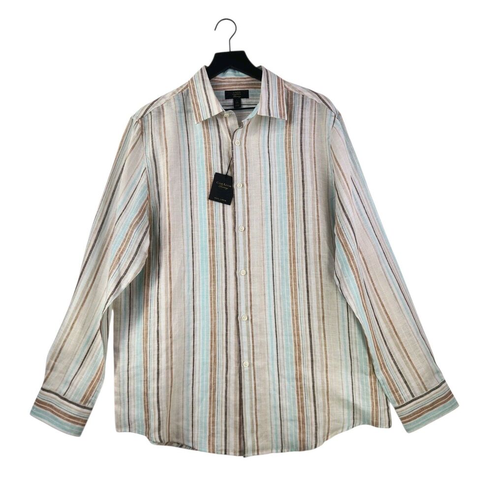Club Room Luxury 100% Linen Button Shirt Large Striped Long Sleeve Resort‎